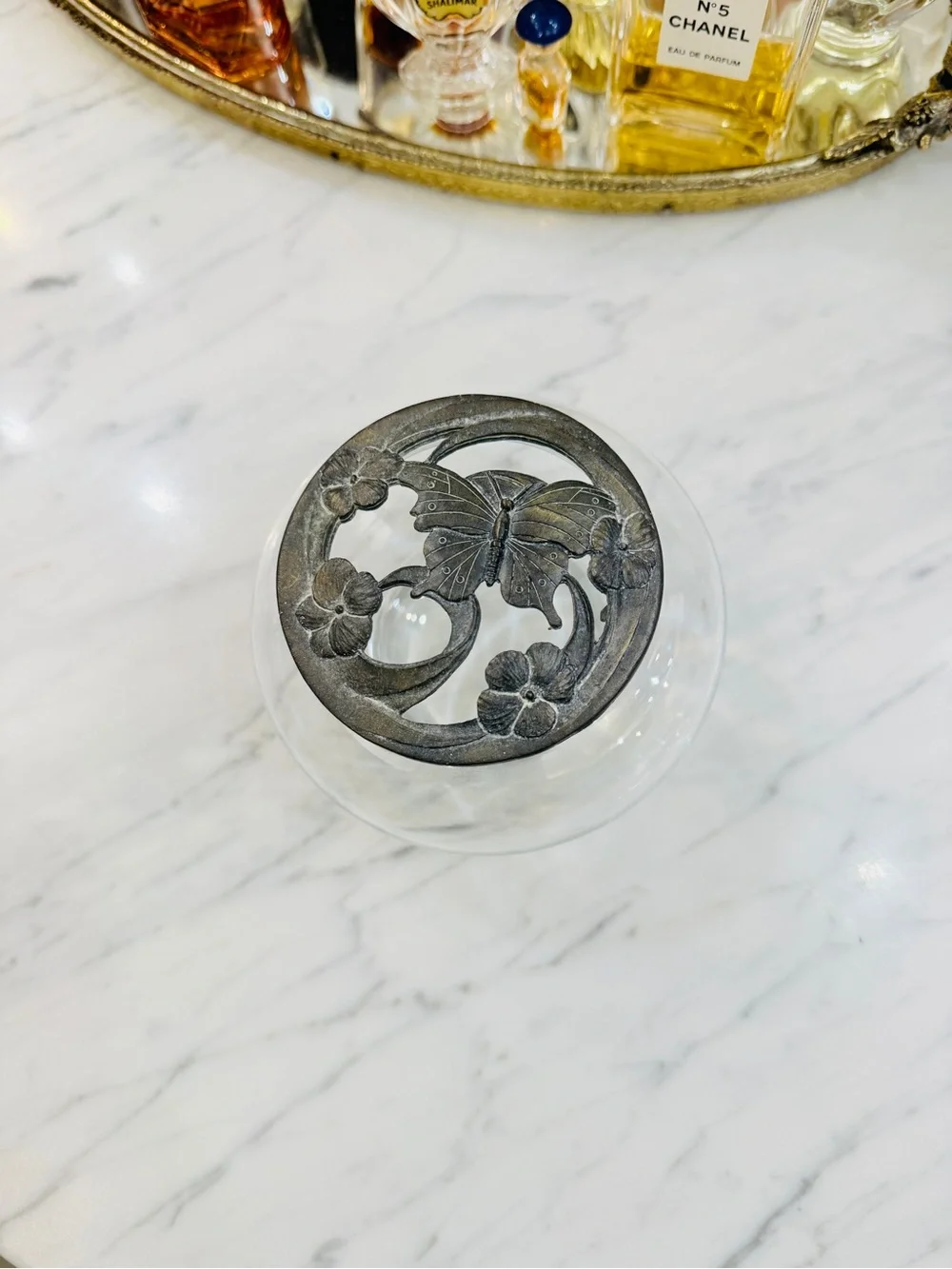 Vintage Clear Glass Trinket / Potpourri Jar w/ Ornate Bronze Butterfly Lid